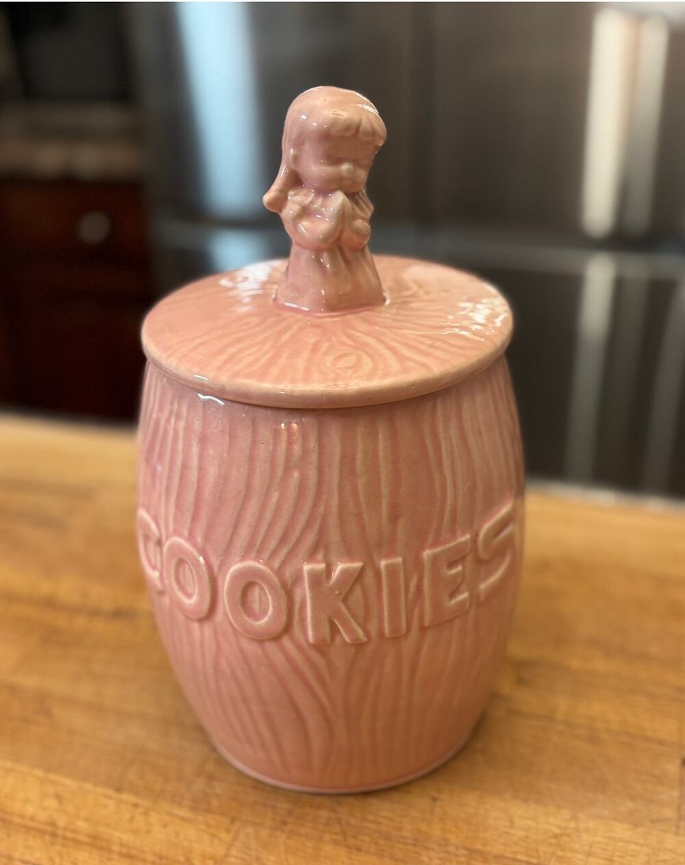 Vintage MCM Pink Ceramic Barrel Cookie Jar Praying Girl Lid Brush McCoy